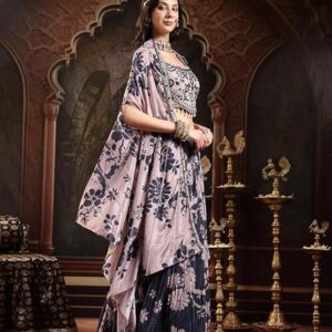 Navy Floral Printed & Embroidered Chinon Lehenga Choli